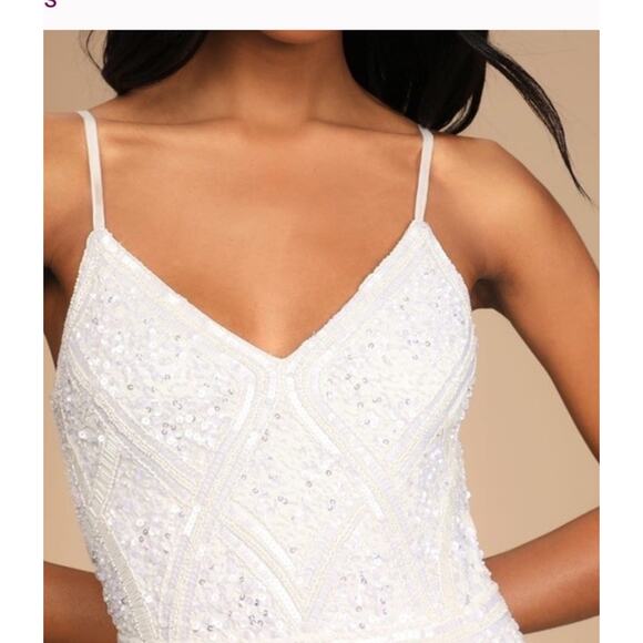 Lulus Just the Beginning White Beaded Sequin Mermaid Maxi Dress Medium V Neck - Picture 11 of 11